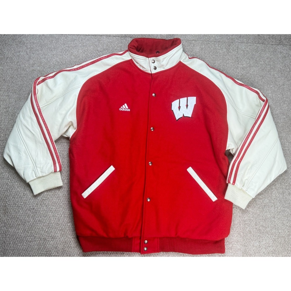 Adidas Vtg Rare NCAA Univ of Wisconsin Badgers Leather Varsity Jacket Size XL